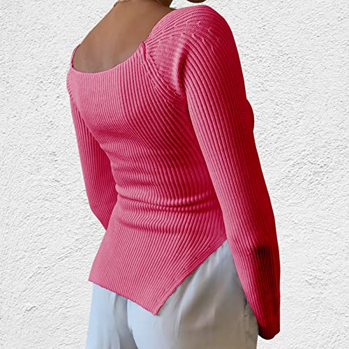 Image of Women's Square Neck Ribbed Knitted Sweater Long Sleeve Crop Slim Fitted Basic Pullover Tops
