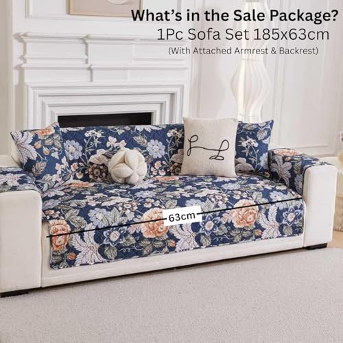 Image of HOMETHREADS Premium Style Anti Slip Sofa Cover Set | Cotton Sofa Slipcover | 1Pc Front Cover with Attached Armrest + 1Pc Back Cover (Rose Blue, 1 Seater | 63x185cm)