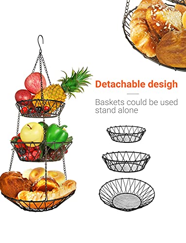 Willizter 3 Tier Hanging Basket With Sturdy Metal Chain Hanging Hooks Fruit And Vegetable Basket Heavy Duty Wire Organizer Space Saving Rustic Country Style Kitchen Storage thumb #3