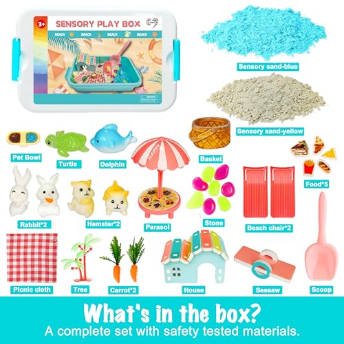 Image of Carolart Hamster Sensory Bin, Animal Play Set, Sand Box with Glow Stones | Rabbit and hamster pretend play sandbox, sensory sand activity, pet habitat toy, gift for kids ages 3-8