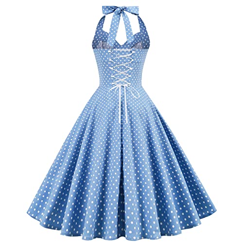 Women 50s Vintage Polka Dot Halter Cocktail Swing Dress Buttons Floral 1950s Rockabilly Audrey Hepburn Prom Tea Party Dress3
