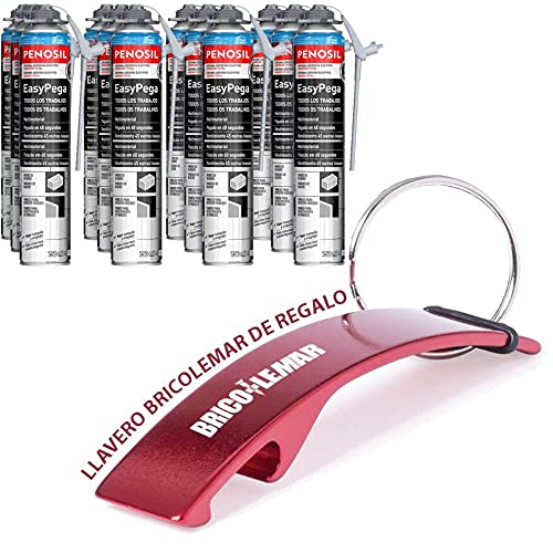 Kit Espuma Poliouretano Adhesivo Universal EasyPega con Cánula 12 Botes de 750ml Gris + Llavero/Abrebotellas de Regalo (12 Botes EasyPega + Llavero de Regalo)