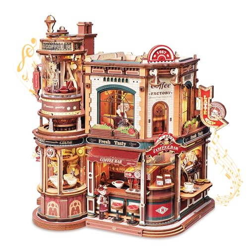 Image of ROKR Moving Dream Coffee Factory DIY Miniature House Kit - 3D Wooden Puzzles for Adults with Music Box & LED Lights, No Glue Kinetic Model Building Kit, Unique Home Decor Gifts for Adults Women Men