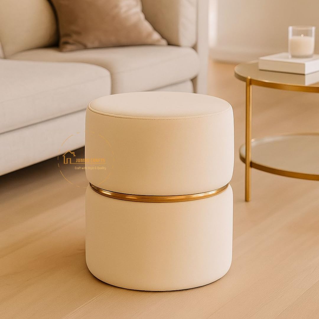 Wooden Puffy Round Footstool - Ottoman Stool for Living Room Furniture Round Ottoman - Sitting Pouffe Ottoman Stool/Room Dcor/Office Stool - Cream-image-7