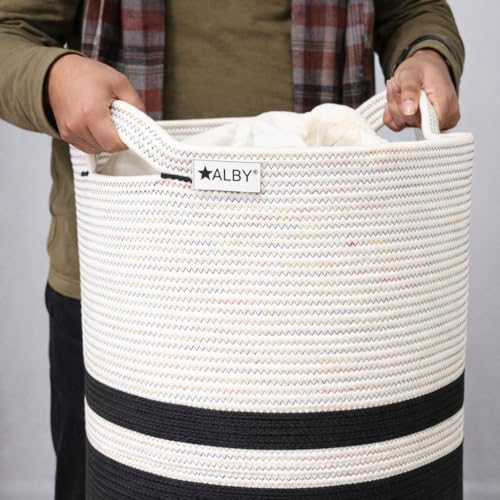 Image of ☆LBY ute Cotton Basket, Handcrafted Woven Storage Planter Basket for Home Decor, Multi-Purpose Bag with Handle for Living Room Bathroom Laundry & Toys cat shape (multi zigzag 12 x 15 inch)