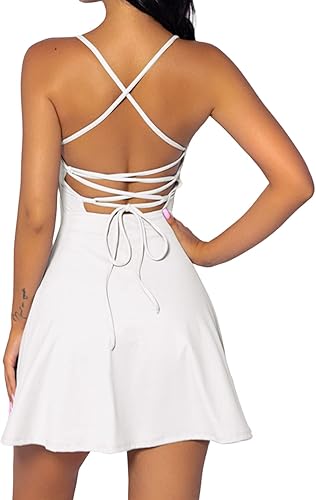 QINSEN Vestido de tenis de dos piezas para mujer con pantalones cortos para entrenamiento, espalda abierta, vestidos de golf activos