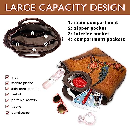 Image of Genuine Leather Satchel for Women Top Handle Bags Handmade Purse Vintage Embossed Leather Crossbody Handbags Hobo Bag