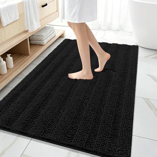 Image of OLANLY Thick Large Bathroom Rugs 59x35, Extra Soft Absorbent Chenille Striped Bath Rugs, Rubber Backing, Machine Wash Dry, Bath Mats for Bathroom Floor, Tub and Shower, Home Decor Accessories, Black