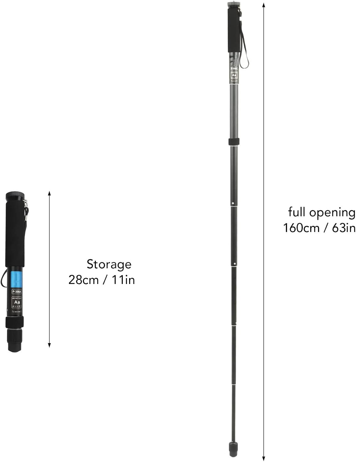 63Inch Camera Monopod, P308A 8 Sections Telescopic Video Monopod with Feet, Portable Travel Selfie Stick, Telescopic Extension Pole, Hiking Stick Monopod