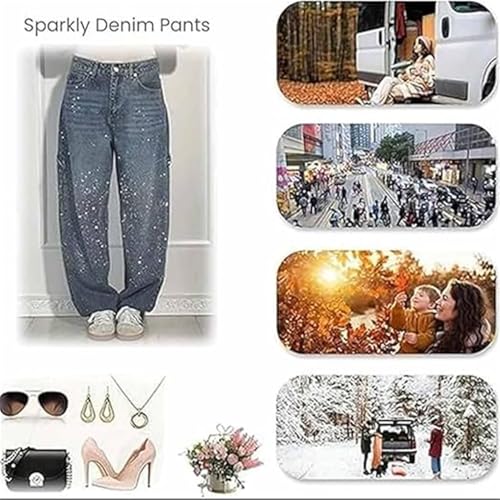 Women's Casual Rhinestone Loose Harem Jeans,Sparkly Jeans with Rhinestone for Women High Waisted Straight Wide Leg Denim Pant4