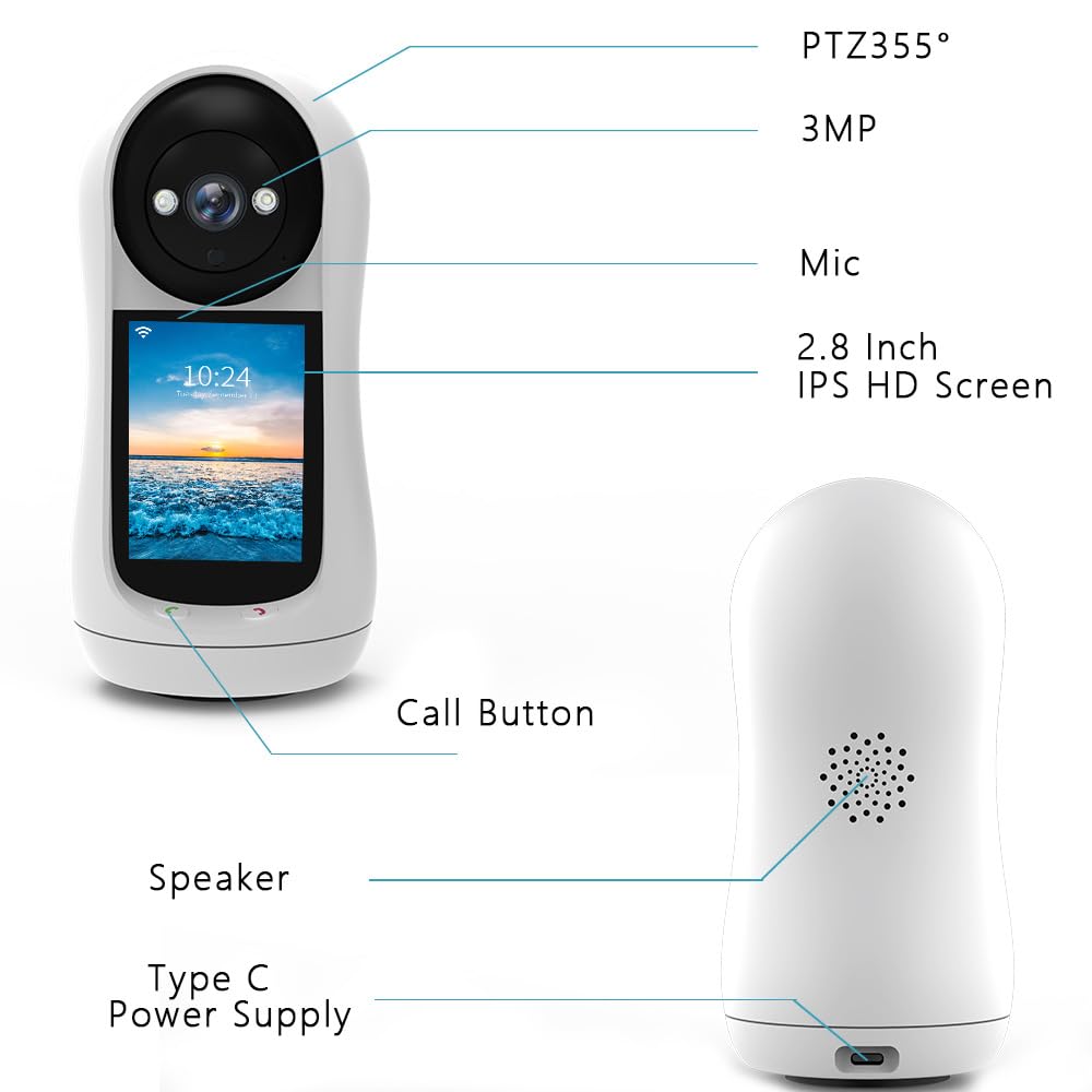 Telecamera di sicurezza intelligente per interni con videochiamata bidirezionale, pulsante di chiamata one-touch, monitor domestico per anziani e cura del bambino