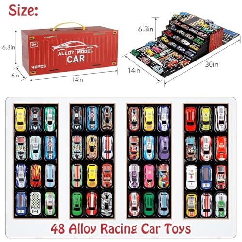 Image of Pull Back Alloy Racing Car Set with 48 Mini Cars City Map Play Mat and Gift Box Storage Vehicle Toy Collection for Boys Girls and Party Activities