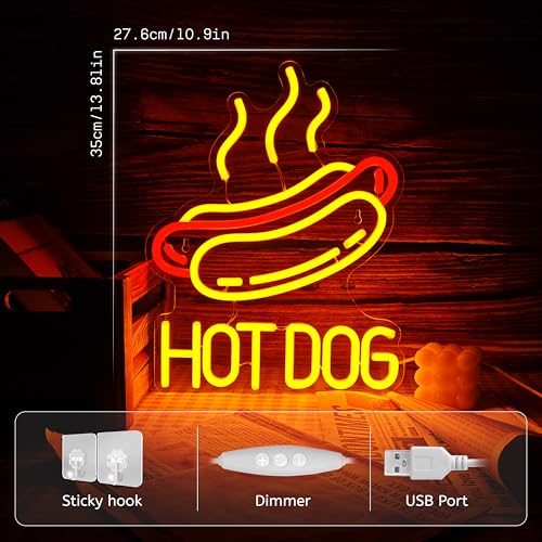 Image of Hot Dog Neon Sign LED Light for Wall Decor, Hot Dog Shop, Restaurant, Man Cave, 13.8x10.6 inches, Red and Yellow, Acrylic