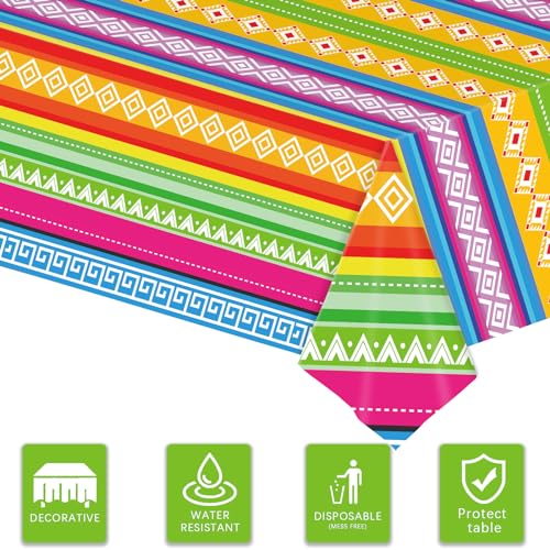 Image of 3-Piece 54 x 108 Inch Cinco De Mayo Fiesta Plastic Tablecloth - Mexican Taco Night Colorful Stripe Patterns, Disposable Rectangle Table Cover for Dining Picnic Table Cover Indoor Outdoor Decoration