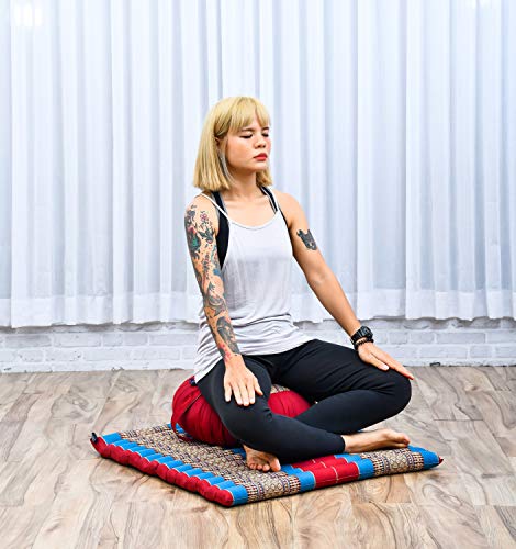 Image of Leewadee Meditation Cushion Set - 1 Round Zafu Meditation Pillow and 1 Square Roll-Up Zabuton Meditation Mat, Pillows Bundle Filled with Kapok