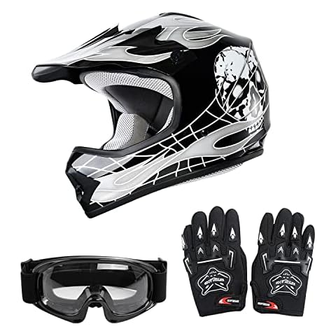 SLMOTO Dot Youth Kids Helmet Motocross Offroad Street Helmet Motorcycle Helmet Dirt Bike Motocross ATV Black Skull Design Helmet+Goggles+Gloves Cover