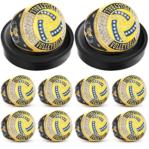 Highergo 10pcs Football Soccer Volleyball Baseball MVP Golf Championship Trophy Ring with Display Chain Stand Softball Basketball Cheerleading Bowling Track Field for Award Gift