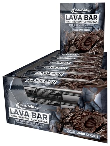 IronMaxx Lava Protein Bar - Dark Cookie - 18x40g | High Protein Riegel mit cremigem Kern & Erdnuss-Karamell-Topping | Zuckerarm & ohne Palmöl