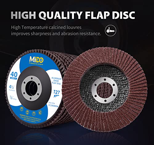 Mido Professional Abrasive 208 Flap Disc 4 1/2 Inch 20 Pack For Angle Grinder Sanding Disc Assorted Grit 40 60 80 120 Aluminum Oxide Sanding Grinding Wheels 4.5 X 7/8 Inch Flat Type #27 thumb #6
