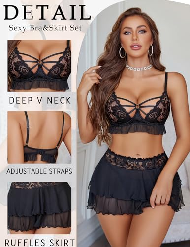 Avidlove Sexy Lingerie for Women Naughty Lace Bralette and Mini Skirt 3 Piece Lingerie Outfits Set2