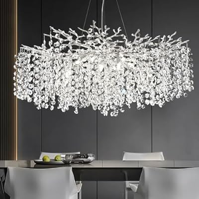Tree Branch Crystal Chandeliers for Dining Room, 40" Round Silver High Ceiling Chandeliers, Large Modern Lights Fixture for Bedroom Bathroom Foyer Kitchen, Branches and Crystals Ceiling Light Fixtures