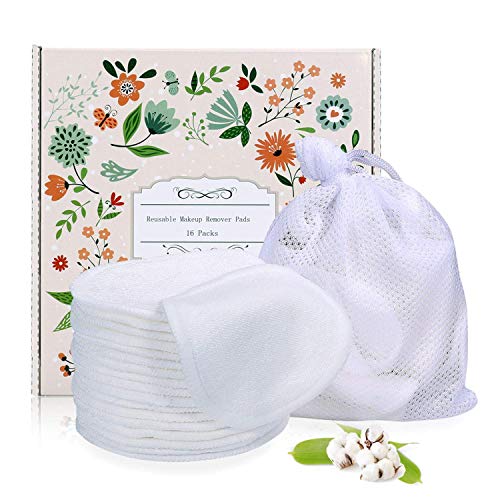 Reusable Makeup Remover Pads 16 Packs, Organic Bamboo Cotton Rounds,Reusable Cotton Pads for Face Wipes with Laundry Bag