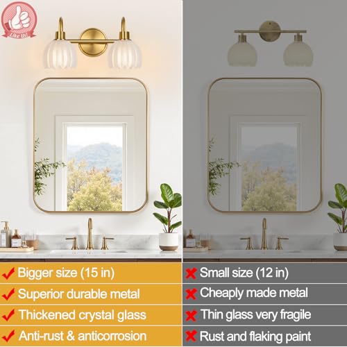 Image of 2-Light Bathroom Vanity Light, Brushed Gold Bathroom Light Fixtures with Ribbed Frosted Clear Tulip Glass Shades, Vanity Light Fixtures Over Mirror for Bedroom, Living Room, Hallway