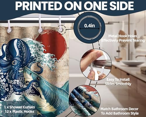 DLTAY Funny Shower Curtain, Japanese Ocean Wave Anime Shower Curtains for Bathroom Decor, Waterproof Fabric Set with Hooks, 60" W x 72" L (Pack of 1) by DLTAY - Used condition - Image 7