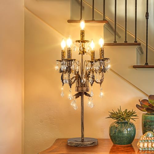 Wellmet Bronze Crystal Table Lamp, Vintage Bedside Lamps for Nightstand,