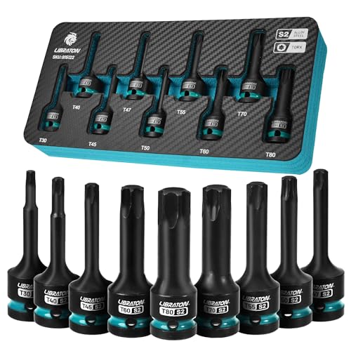 LIBRATON Impact Torx Bit Socket Set, 1/2" Drive, S2 Steel, 9PCS Impact Star Bit Socket Set (T30-T80), High Impact Torx Sockets, XPE Storage, Professional Mechanic and Automotive Repair