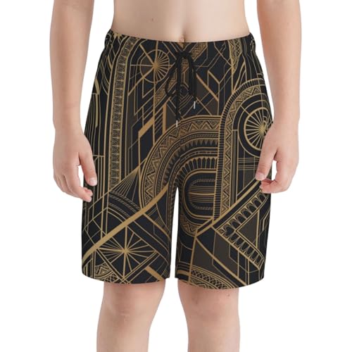 Boys Swim Trunks Gold Black Art Geometric Luxury Kids Swim Shorts Quick Dry Beach Board Pocket3