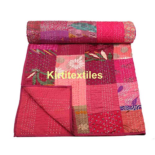 Image of Silk Hand Made Design Kantha Quilt Blanket, Bed Cover, Bedspread (Size 90 inch X 108 inch) - Multicolour