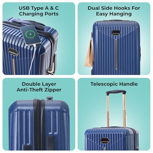 Image of The Midnight Voyager Set of 3 Luggage, Cabin 57cm, Check in Medium 67.5 cm, Check in Large 76 cm, Hard Sided Polycarbonate Trolley Bag, Dual Anti-Theft Zippers, TSA Lock (Storm Blue)