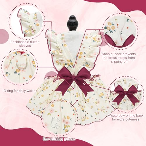 Image of CuteBone Cotton Dog Dress Flowers with Leash Ring & Sleeve Ruffles, Soft & Breathable, Stylish Pet Clothes Outfit for Small Dogs, Comfortable & Easy to Wear CFX03S