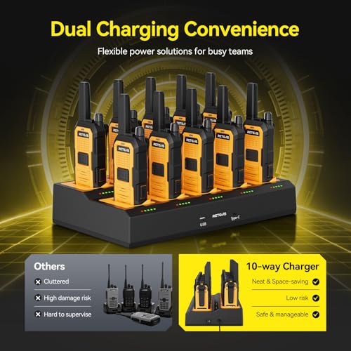 Image of Retevis RB48A Jobsite Heavy Duty 2 Way Radios Long Range, IP67 Waterproof Noise Reduction Walkie Talkies for Adults, Oversized Front PTT, Antenna ID Rings, 23-Hour Battery (10 Pack with Gang Charger)