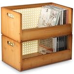 AIHSUMC 2 Set Bamboo CD Storage Box, Stackable CD Holder Racks Organizer Shelf for Movie Cases, DVDs, Cassette Tape Display Stand, Disc Holder with Carrying Handles