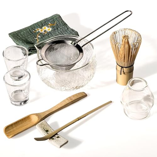 CAMATET 10 Pcs Matcha Whisk Set, 500 ml/18 oz Glass Matcha Bowl and Whisk Holder & Measuring Cup, Bamboo Matcha Scoop & Stainless Sifter, Japanese Ceremonial Matcha Tea Making Tools Kit