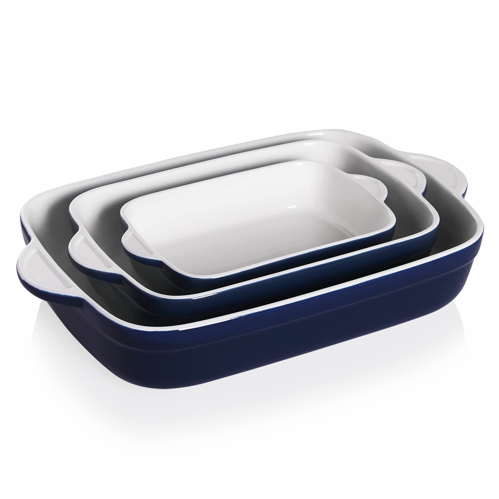SWEEJAR Ceramic Baking Dish, Non-Stick Roasting Pan with Handles, Rectangular Lasagna Pan for Cooking, Kitchen, Cake Dinner, Banquet and Daily Use, 13 * 9 Inches, Set of 3 (Navy)