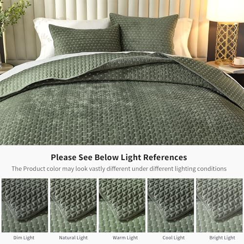 Image of Grassix Velvet Quilt Set Queen Size, Luxury Cross Stitch Design, Army Green | Lightweight Velvet Comforter with 2 Pillow Shams, Ultra Soft Bedspread Coverlet, Quilted Bedding Set for All Seasons, 90 inchx96 inch