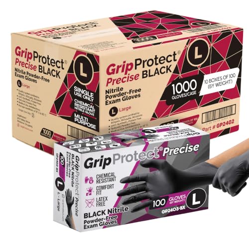 Image of GripProtect Precise Black Nitrile Gloves 4 Mil, Chemical Resistant Gloves | Textured Grip for Mechanics, Tattoos, Food Prep & Cleaning - Medical Grade Disposable Gloves, Large Bulk Case of 1000