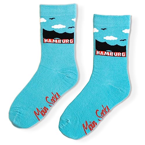 Moin Socks Hellblaue Motivsocke mit Elbphilharmonie-Motiv und Hamburg-Schriftzug, Unisex Größe 36-40