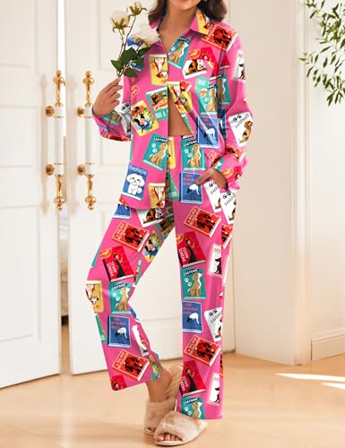 Image of Ekouaer Womens Satin Silky Pajama Set 2 Piece Print PJs Soft Loungewear Button Down Sleepwear with Elastic Waist Long Pants