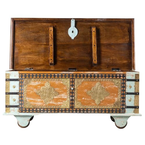 Image of Opea Wooden Trunk Box for Storage | Solid Wood Coffee Table for Living Room | Handcrafted Center Tea Table with Sandook Storage for Living Room | Pitara for Home and Bedroom (Mint Distress)