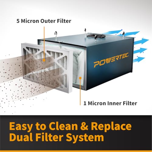 Image of POWERTEC AF4001E 3-Speed RF Remote Controlled Air Filtration System Woodworking (300 /350 /400 CFM), Hanging Air Filter for Dust Collector & Workshop, Air Purifier for Garage