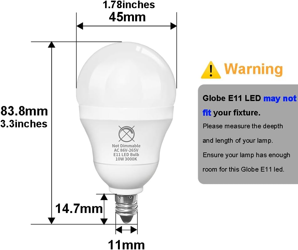 Non-Dimmable E11 LED Bulb 10W, 100W Mini-Can E11 Halogen Equivalent, 1200LM, 86V-265V, 5000K Daylight White, Mini Candelabra Base JDE11 Bulb, 4-Pack