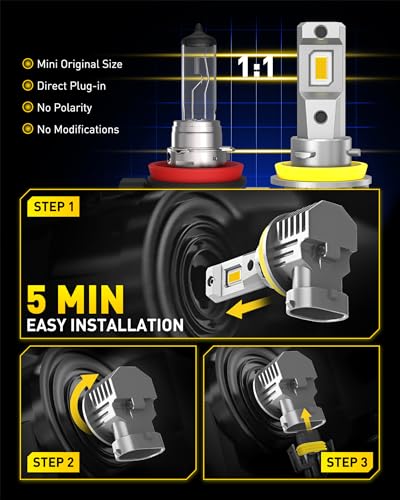 Image of AUXITO H11 H8 H16 LED Yellow Fog Light Bulbs, 3000K Amber Yellow Light, 900% Brightness, Truly Mini Size Fog Lights Replacement for Cars, Play and Plug (Pack of 2)