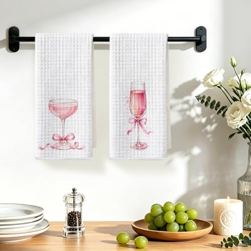 Image of 2 Pcs Pink Bow Champagne Kitchen Towels, Coquette Pink Reusable Dish Towels | Waffle Weave Hand Cloth Tea Towel for Kitchen Bathroom Home Decor, Alcohol Lover Gifts for Women Mom Friend 24x14 Inch