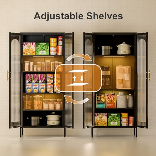 71-Kitchen-Pantry-Storage-Cabinet-Metal-Display-Cabinet-with-Glass-Doors-and-Lights-Tall-Storage-Cabinet-with-Adjustable-Shelves-Kitchen-Pantry-Cabinet-for-Dining-Room-Living-Room-Black 71 Kitchen Pantry Storage Cabinet Metal Display Cabinet with Glass Doors and Lights Tall Storage Cabinet with Adjustable Shelves Kitchen Pantry Cabinet for Dining Room Living Room Black
