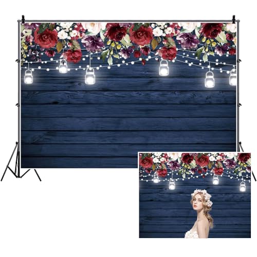 TTQYFNM 10x6.5ft Burgundy Floral Navy Wood Backdrop Rustic Blue Wood Jars Burgundy Flower Photography Background for Bridal Shower Wedding Anniversary Birthday Party Decoration Photo Studio Props