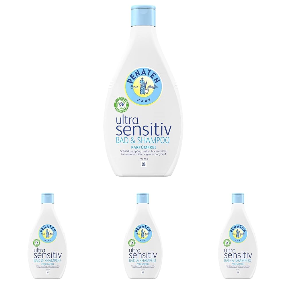 PENATEN Ultra Sensitiv Bad & Shampoo parfümfrei (1 x 400 ml), sehr mildes Baby Shampoo & Badezusatz Waschgel, speziell für hochsensible Babyhaut entwickelt (Packung mit 4)